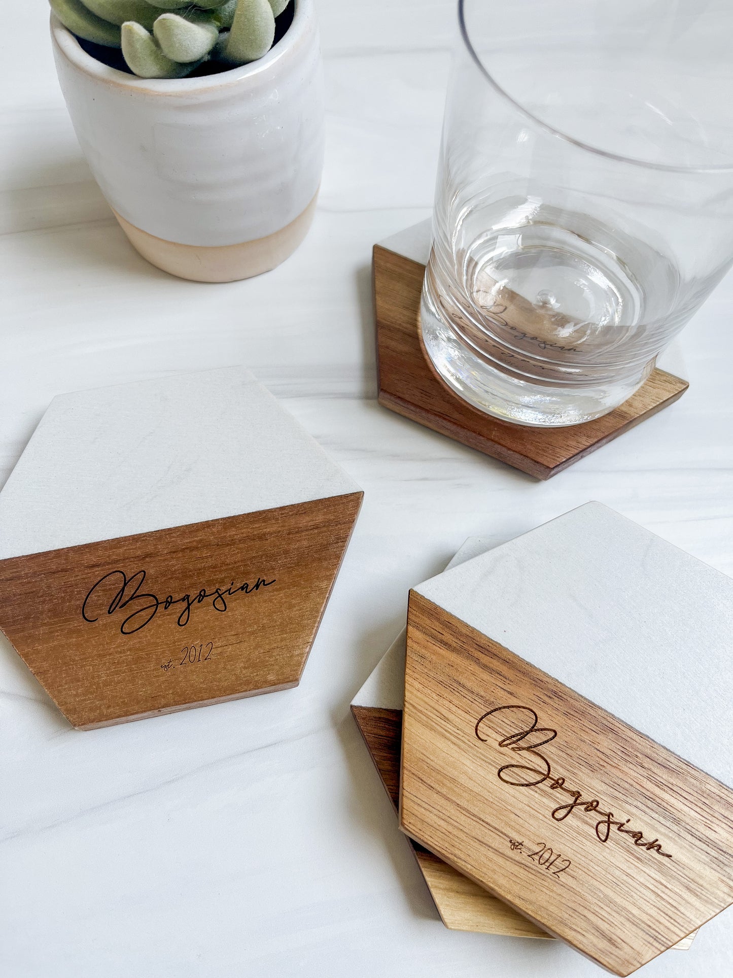 Custom Marble + Acacia Coasters (Set of 4)