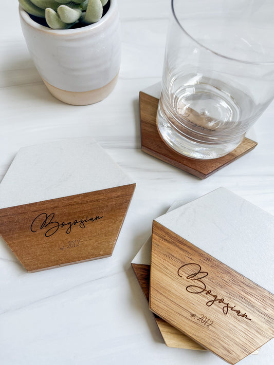 Custom Marble + Acacia Coasters (Set of 4)